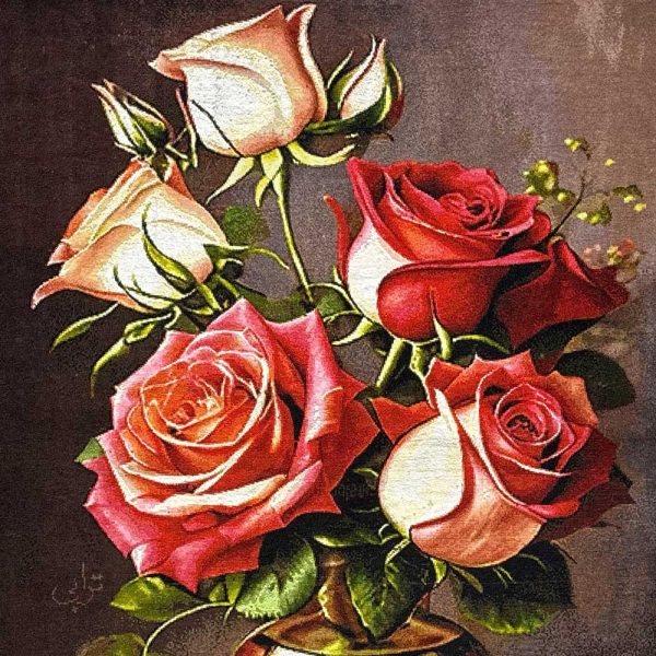 Red Rose Carpet Painting; Inspired by the Glory of Heriz Carpets