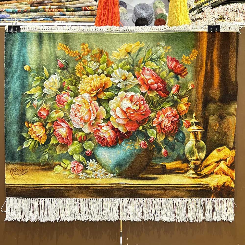 Handmade Turquoise Rose Silk Tapestry